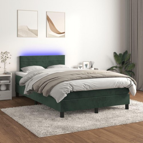 Kontinentalseng med madras og LED-lys 120×190 cm - fløjl, mørkegrøn