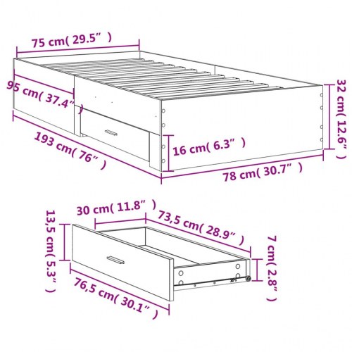 Sengeramme med 2 skuffer 75x190 cm - røget egetræ