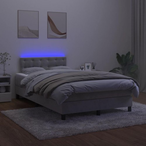 Kontinentalseng med madras og LED-lys 120x190 cm - fløjl, lysegrå