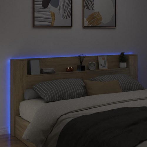 Sengegavl med opbevaring og LED-lys - sonoma-eg, 220 cm