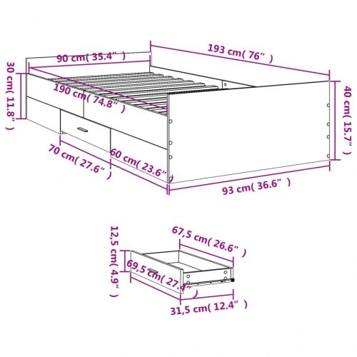 Sengeramme med skuffer 90 x 190 cm - hvid