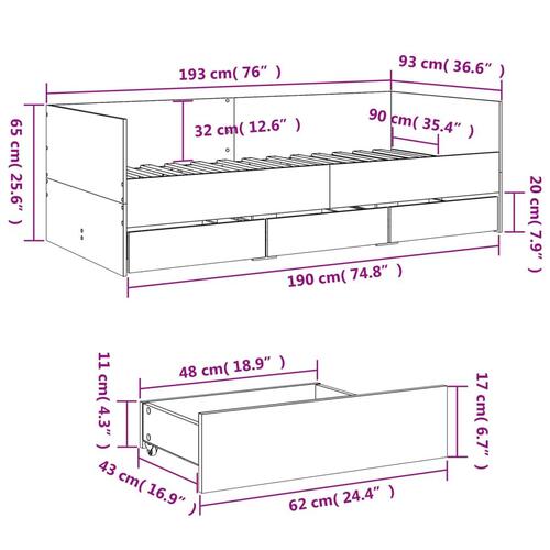 Daybed med skuffer 90x190 cm konstrueret træ sort