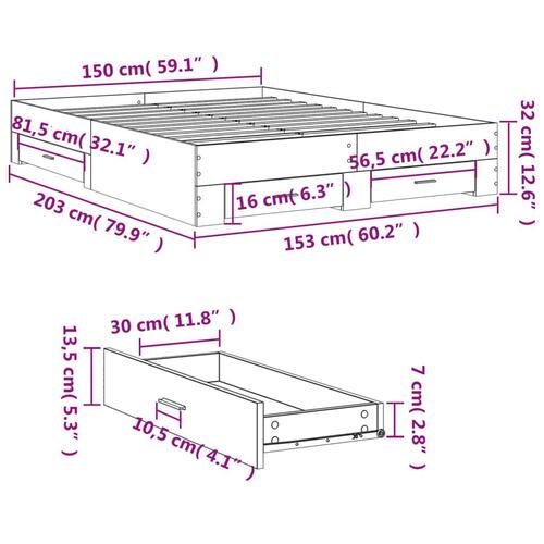 Sengeramme med skuffer 150x200 cm konstrueret træ brunt egetræ