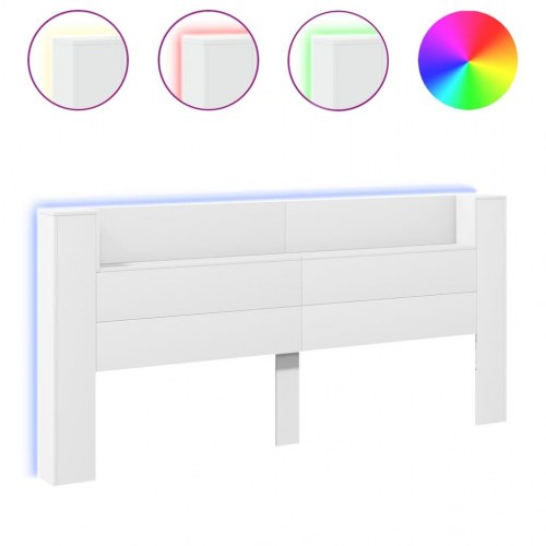 Sengegavl med opbevaring og LED-lys - hvid, 220 x 16,5 x 103,5 cm
