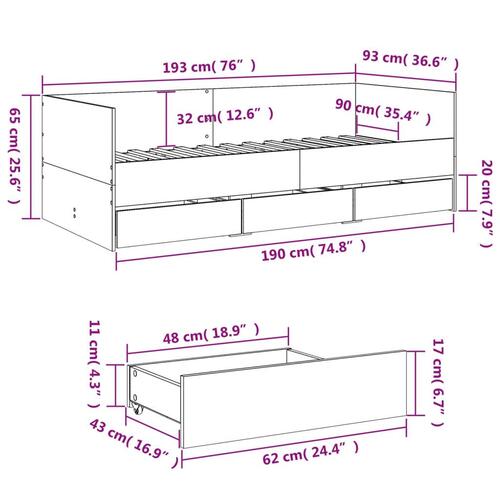 Daybed med skuffer uden madras 90x190 cm betongrå