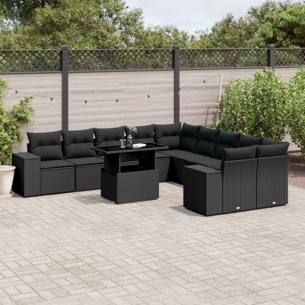 Havesofast i polyrattan - 11 dele med hynder, sort