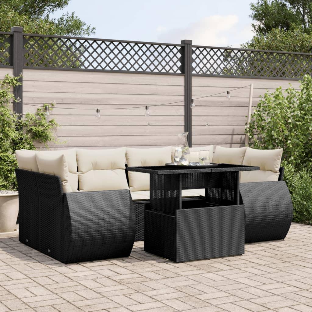 Sofasæt til haven i polyrattan, 7 dele med hynder - sort