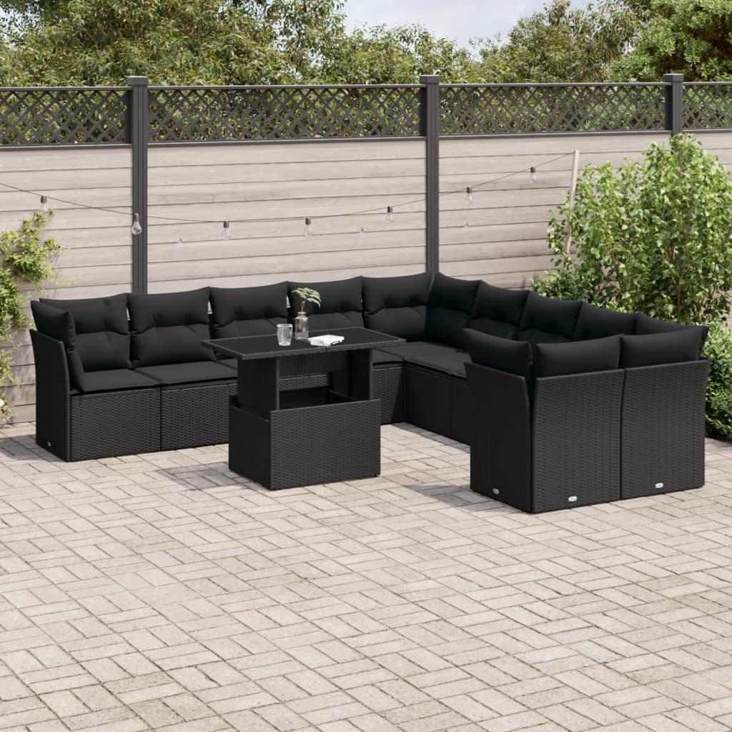 Sofasæt til haven - 11 dele med hynder i polyrattan, sort