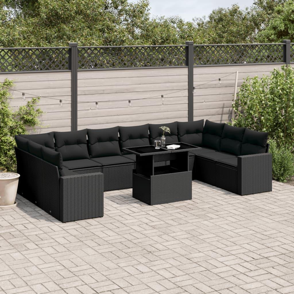Sofasæt til haven i polyrattan - 11 dele med hynder, sort