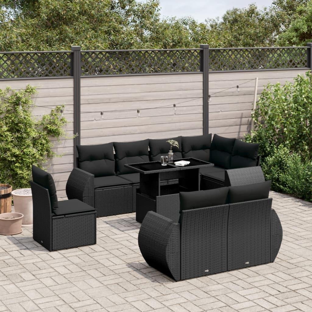 Sofasæt til haven i polyrattan - 9 dele med hynder, sort