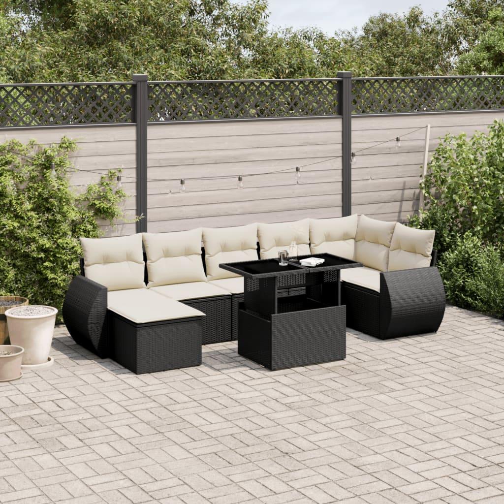 Sofasæt Til Haven 8 Dele Med Hynder Polyrattan Sort - Sort og cremefarvet / uden opbevaring