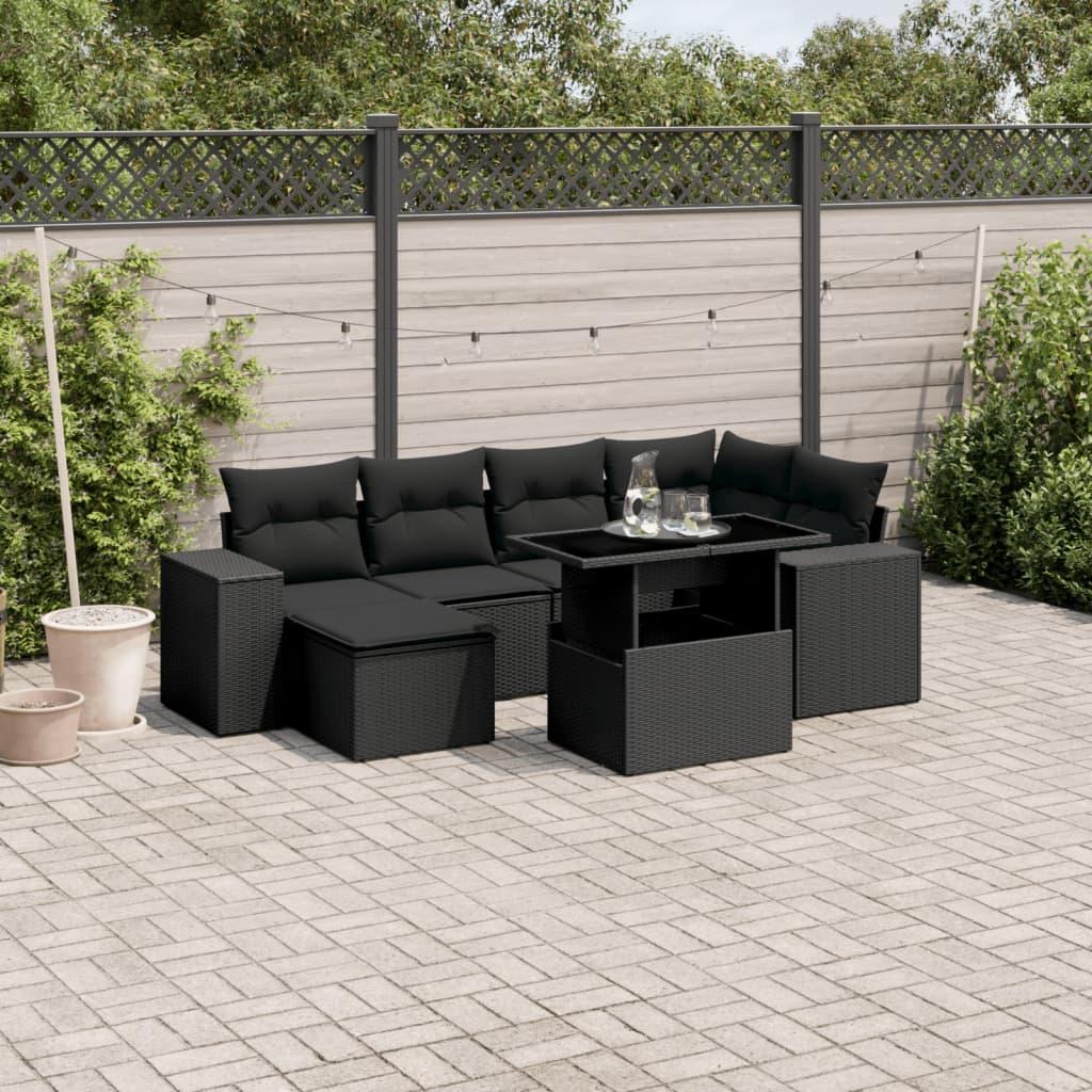 Sofasæt Til Haven 7 Dele Med Hynder Polyrattan - Sort / Uden opbevaring
