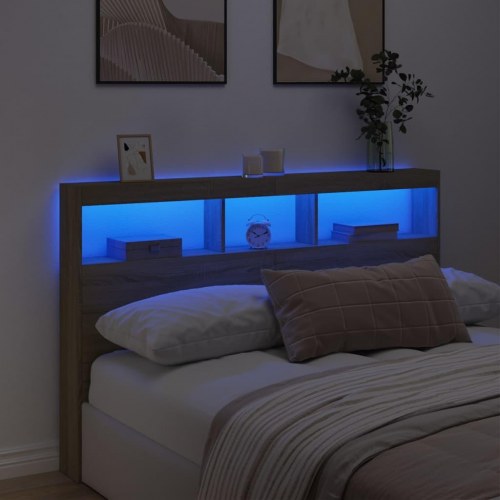Sengegavl med opbevaring og LED-lys - sonoma-eg, 160 x 17 x 102 cm