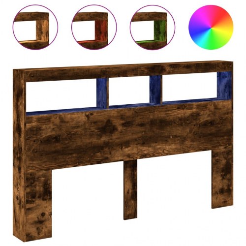 Sengegavl med opbevaring og LED-lys - røget eg, 160 x 17 x 102 cm