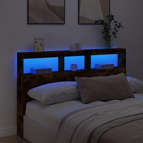 Sengegavl med opbevaring og LED-lys - røget eg, 160 x 17 x 102 cm