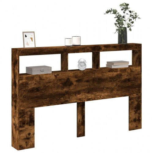 Sengegavl med opbevaring og LED-lys - røget eg, 160 x 17 x 102 cm