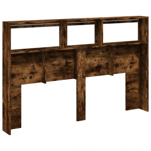 Sengegavl med opbevaring og LED-lys - røget eg, 160 x 17 x 102 cm