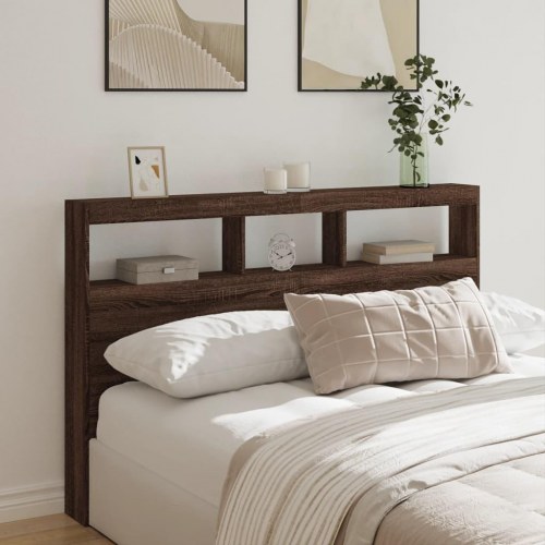 Sengegavl med opbevaring og LED-lys - brun egetræ, 160 x 17 x 102 cm
