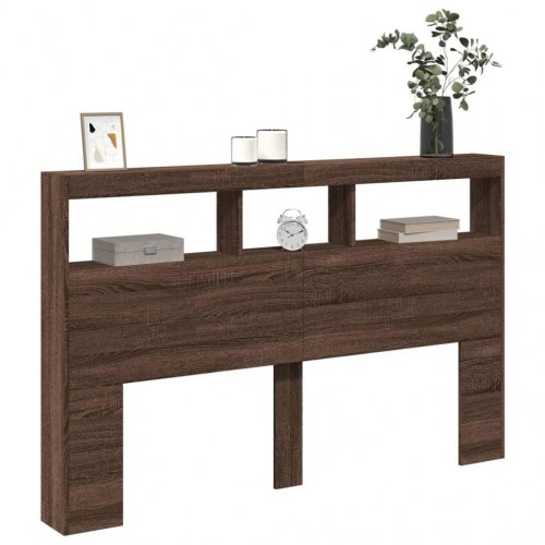 Sengegavl med opbevaring og LED-lys - brun egetræ, 160 x 17 x 102 cm