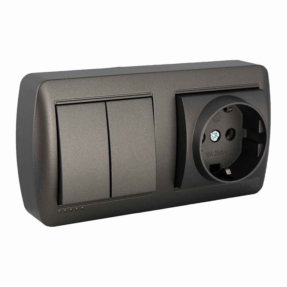 Solera dobbelt stikkontakt med afbryder, overflademontage, grafit (250 V / 16 A)