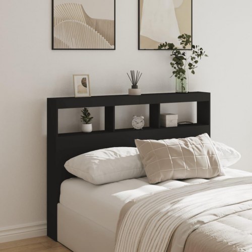 Sengegavl med opbevaring og LED-lys - sort, 140 x 17 x 102 cm