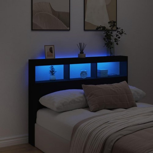 Sengegavl med opbevaring og LED-lys - sort, 140 x 17 x 102 cm