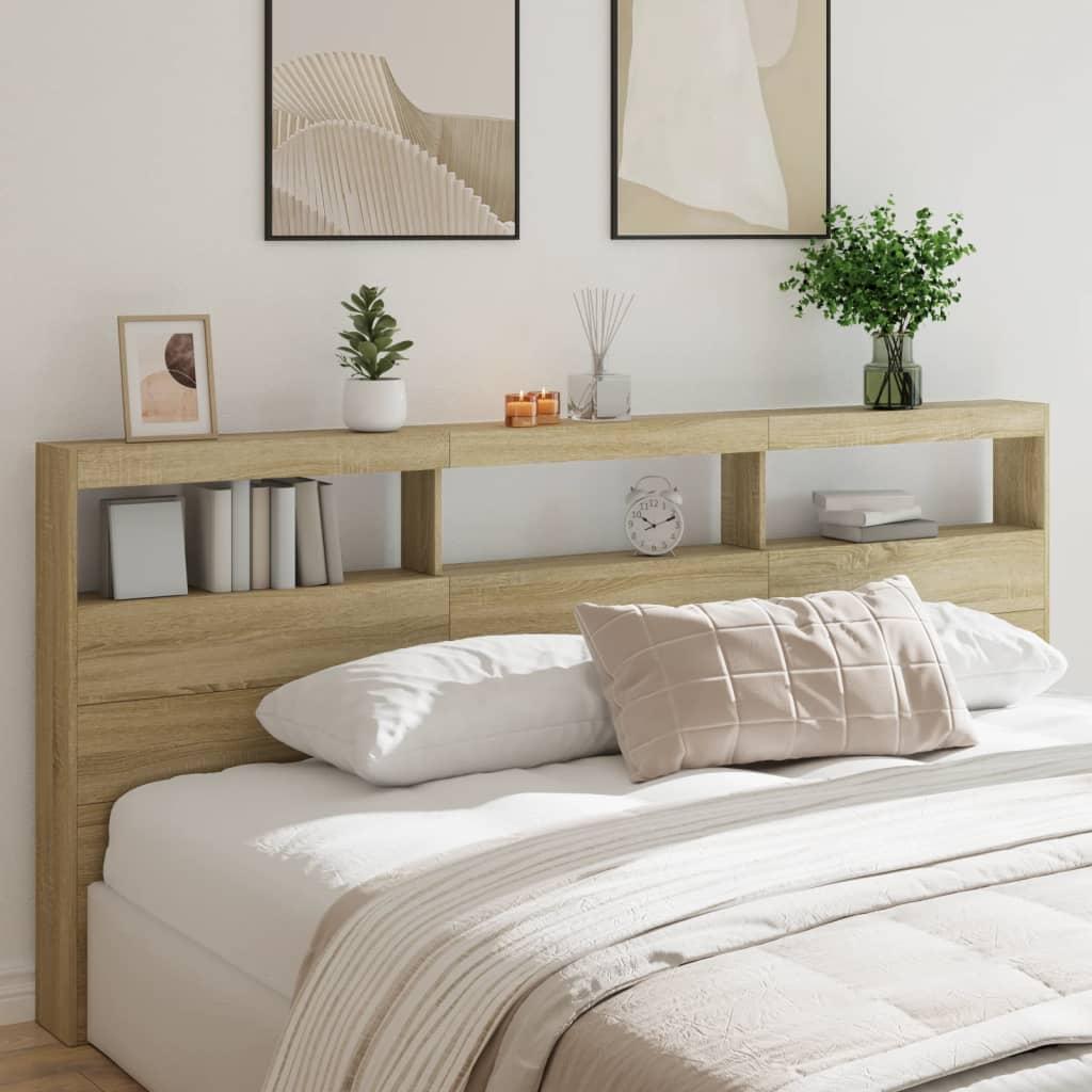 Sengegavl med opbevaring og LED-lys 220x17x102 cm sonoma-eg