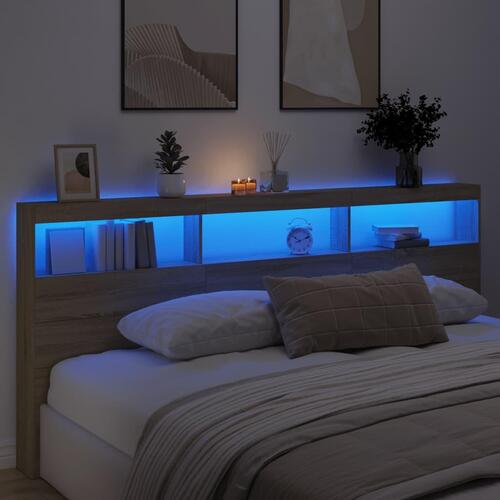 Sengegavl med opbevaring og LED-lys 220x17x102 cm sonoma-eg