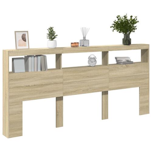 Sengegavl med opbevaring og LED-lys 220x17x102 cm sonoma-eg