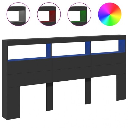 Sengegavl med opbevaring og LED-lys - 200×17×102 cm, sort
