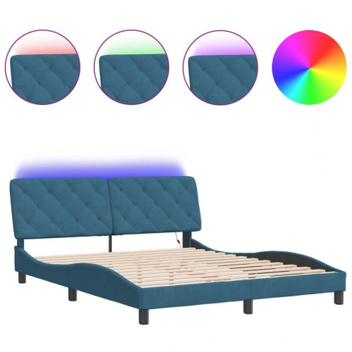 Sengeramme med LED 160 x 200 cm uden madras - blå velour