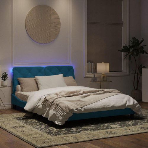 Sengeramme med LED 160 x 200 cm uden madras - blå velour