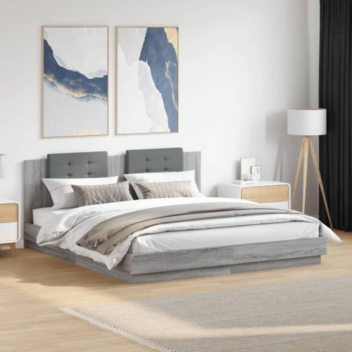 Sengeramme med sengegavl 180x200 cm konstrueret træ grå sonoma