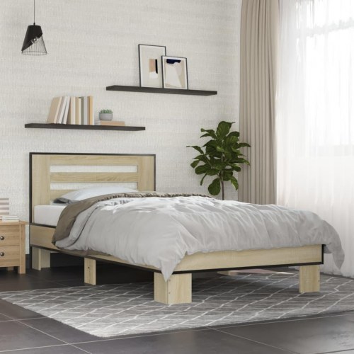 Sengeramme 90x190 cm konstrueret træ og metal sonoma-eg