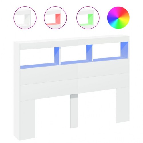 Sengegavl med opbevaring og LED-lys 140x17x102 cm hvid