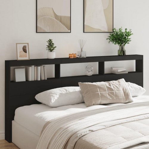 Sengegavl med opbevaring og LED-lys 220 x 17 x 102 cm - sort