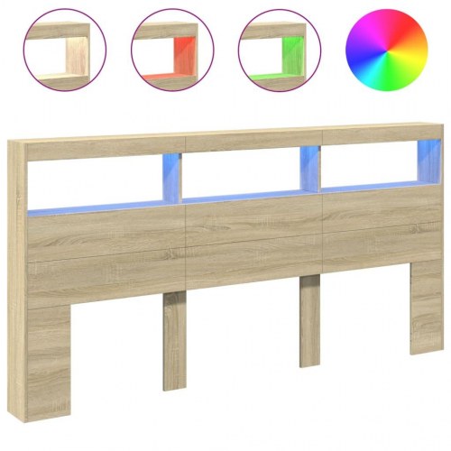 Sengegavl med opbevaring og LED-lys 200 x 17 x 102 cm - sonoma-eg