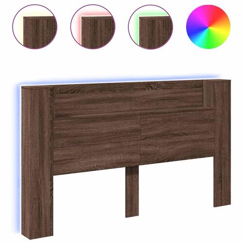 Sengegavl med opbevaring og LED-lys 180x16,5x103,5 cm brunt eg