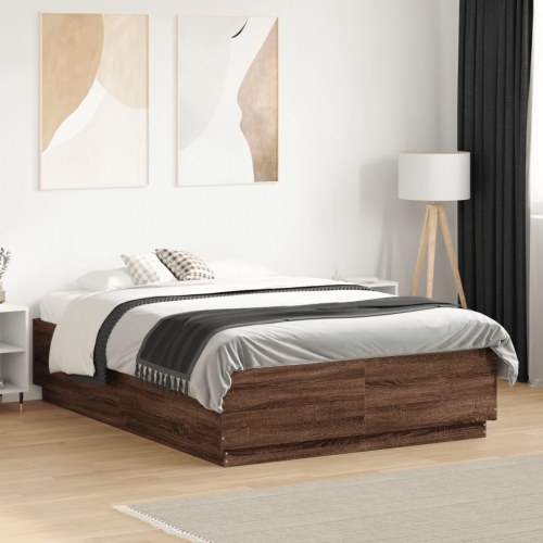 Sengeramme med LED-lys 135 x 190 cm - brun egetræ