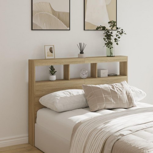 Sengegavl med opbevaring og LED-lys 140x17x102 cm sonoma-eg