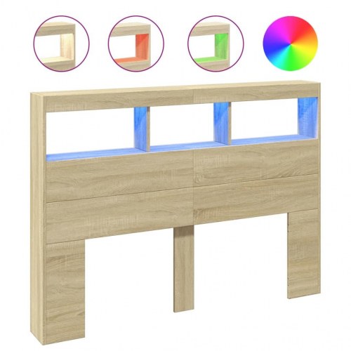 Sengegavl med opbevaring og LED-lys 140x17x102 cm sonoma-eg