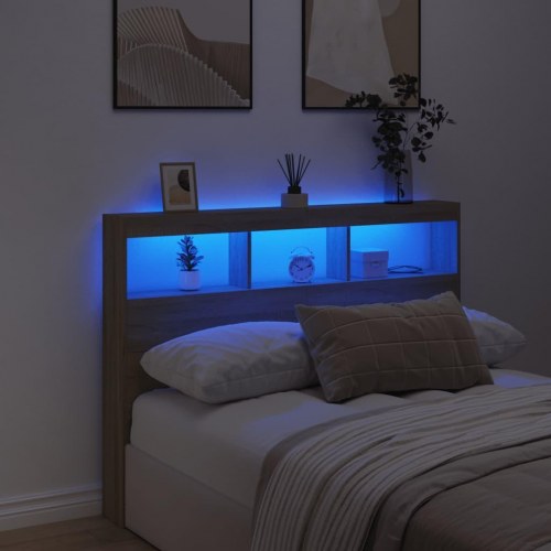 Sengegavl med opbevaring og LED-lys 140x17x102 cm sonoma-eg