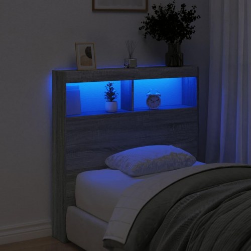Sengegavl med opbevaring og LED-lys 100 x 17 x 102 cm - grå sonoma-eg