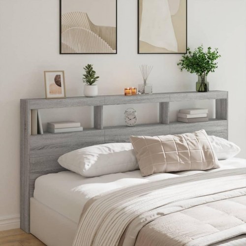 Sengegavl med opbevaring og LED-lys 200 x 17 x 102 cm - grå sonoma-eg
