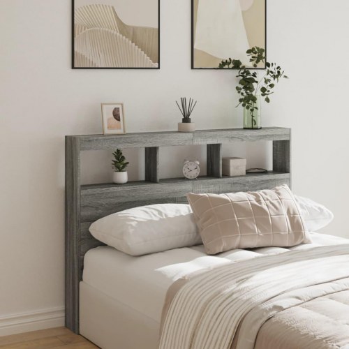 Sengegavl med opbevaring og LED-lys 140 x 17 x 102 cm - grå sonoma-eg