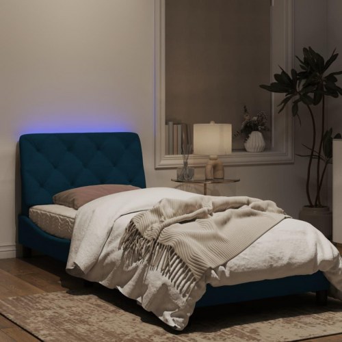 Sengeramme med LED i blå fløjl 90 x 200 cm