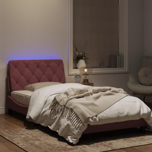 Sengeramme med LED i velour 100 x 200 cm uden madras - lyserød