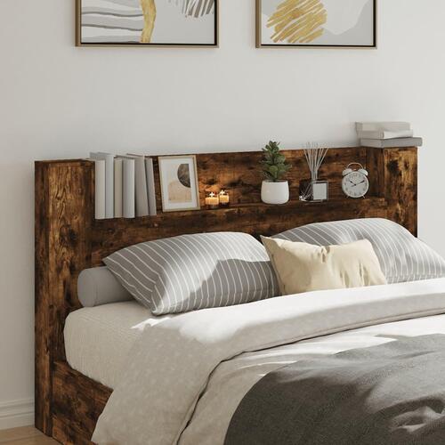 Sengegavl med opbevaring og LED-lys 180x16,5x103,5 cm røget eg
