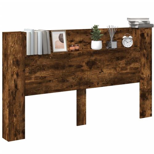 Sengegavl med opbevaring og LED-lys 180x16,5x103,5 cm røget eg