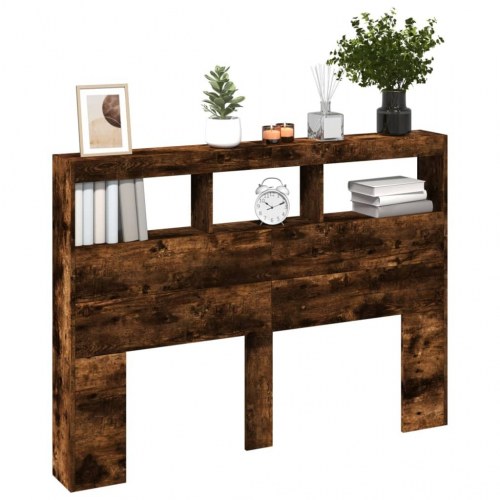 Sengegavl med opbevaring og LED-lys 140 x 17 x 102 cm - røget egetræ